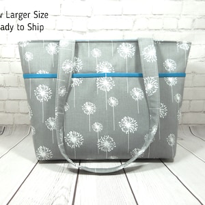 Gray Dandelion Tote,  Gray Tote Purse, Double Strap Bag, Handmade Fabric Tote Purse, Ready to Ship, Gray Teal Tote Bag, Open Pocketbook