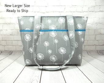 Gray Dandelion Tote,  Gray Tote Purse, Double Strap Bag, Handmade Fabric Tote Purse, Ready to Ship, Gray Teal Tote Bag, Open Pocketbook
