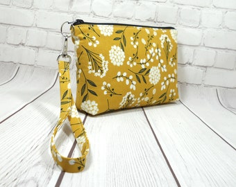 Mustard Floral Phone Wristlet, Fabric Wristlet Clutch, Cotton Phone Purse, Card Pockets, Flat Bottom Pouch, Cotton Pouch, Small Purse