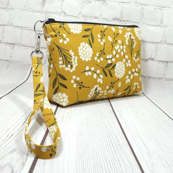 Mustard Floral Phone Wristlet, Fabric Wristlet Clutch, Cotton Phone Purse, Card Pockets, Flat Bottom Pouch, Cotton Pouch, Small Purse