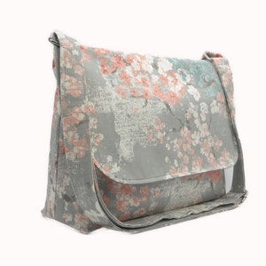 Cherry Blossom Messenger Bag, Gray Peach Purse, Medium Crossbody Bag for Women, Fabric Purse, Handmade Purse, Floral Bag
