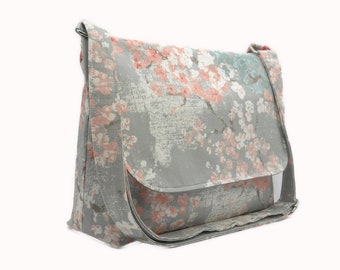 Cherry Blossom Messenger Bag, Gray Peach Purse, Medium Crossbody Bag for Women, Fabric Purse, Handmade Purse, Floral Bag