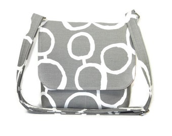 Gray Crossbody Bag, Messenger Purse for Women, Fabric Cross Body Bag, Small Gray Purse, Cotton Handbag, Gray Pocketbook with White Circles