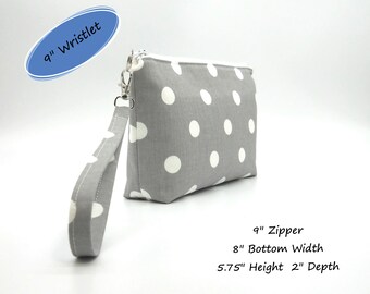 Polka Dot Wristlet, Gray White Bag, Fabric Clutch, Polka Dot Purse, Phone Wristlet, Removable Strap, Cotton Wrist Bag, Affordable Christmas