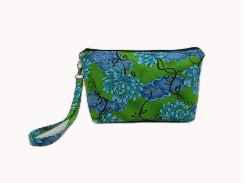 9 Inch Water Lily Wristlet, Fabric Phone Clutch, Flat Bottom Pouch, Blue Green Wristlet, Removable Strap Wristlet, Cotton Wrist Bag image 5