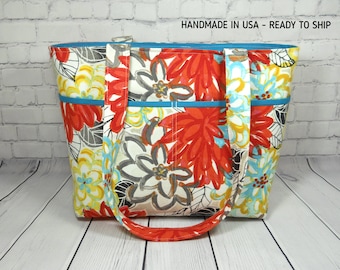 Colorful Floral Tote Bag, Double Strap Shoulder Bag, Open Top, Handmade Tote Bag, Cotton Purse, Fabric Tote, Modern Floral Purse, Fabric Bag