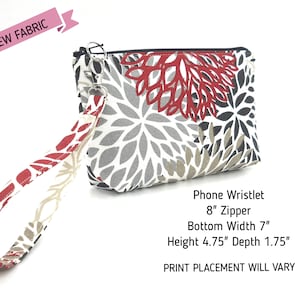Fall Colors Floral Wristlet Purse, Fabric Wristlet Clutch, Red Gray Phone Purse, Card Pockets, Flat Bottom Pouch, Cotton Pouch, Small Purse