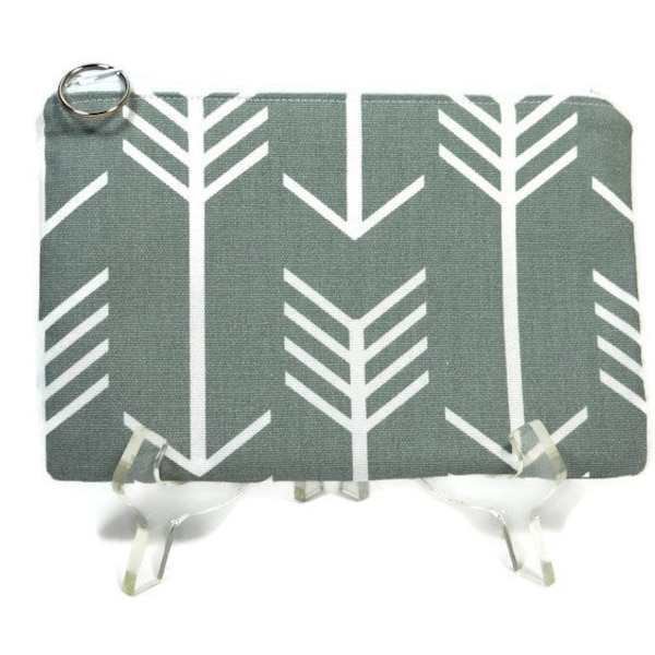 Gray Arrow Pouch, Fabric Zipper Pouch, Zip Cosmetic Bag, 8.5 by 5.5, Pencil Bag, Make Up Bag, Padded Zipper Pouch, Pencil Case, E-Cig Pouch