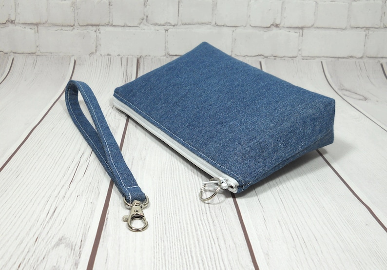 Blue Denim iPhone Wristlet, Fabric Phone Clutch, Small Denim Purse, Card Pockets, Flat Bottom Pouch, Smartphone Pouch, Small Wrist Bag image 8