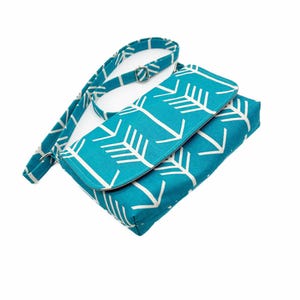 Mini bolso bandolera con diseño de flecha azul, bolso bandolera pequeño, bolso de mano en color verde azulado, bolso de hombro de tela, pequeño bolso bandolera en turquesa para mujer