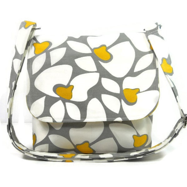 Crossbody Purse, Floral Messenger Bag, Small Cross Body Bag, Messenger Purse, Yellow Gray and White Floral - Premier Prints Helen in Storm