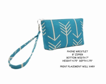 Small Teal Arrow Wristlet, Fabric Wristlet Clutch, Blue Green Phone Purse, Card Pockets, Flat Bottom Pouch, Cotton Pouch, Small Purse