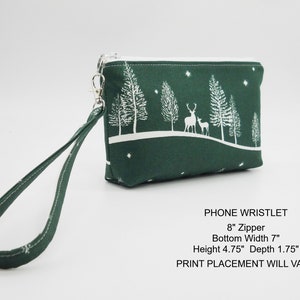 Green White Phone Wristlet, Fabric Clutch, Winter Phone Handbag, Card Pocket, Flat Bottom Pouch, Cotton Pouch, Small Wrist Purse, Deer Trees
