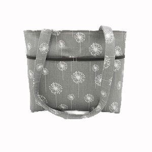Double Strap Shoulder Tote Purse, Gray Dandelion Bag, Gray White Pocketbook, Fabric Handbag, Shoulder Bag, Medium Gray Purse, Key Clip