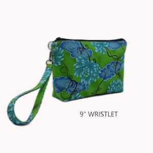 9 Inch Water Lily Wristlet, Fabric Phone Clutch, Flat Bottom Pouch, Blue Green Wristlet, Removable Strap Wristlet, Cotton Wrist Bag image 1