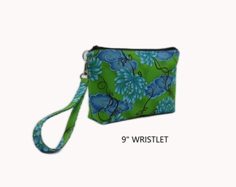 9 Inch Water Lily Wristlet, Fabric Phone Clutch, Flat Bottom Pouch, Blue Green Wristlet, Removable Strap Wristlet, Cotton Wrist Bag