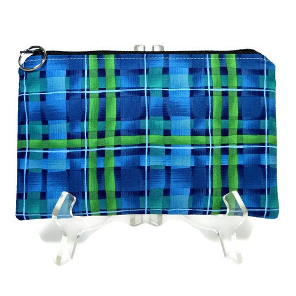 Plaid Zipper Pouch, Blue Green Cosmetic Bag, Pencil Pouch, Accessory Bag, Gadget Case, E-Cig Case, Blue Green Zip Bag, Padded Pouch