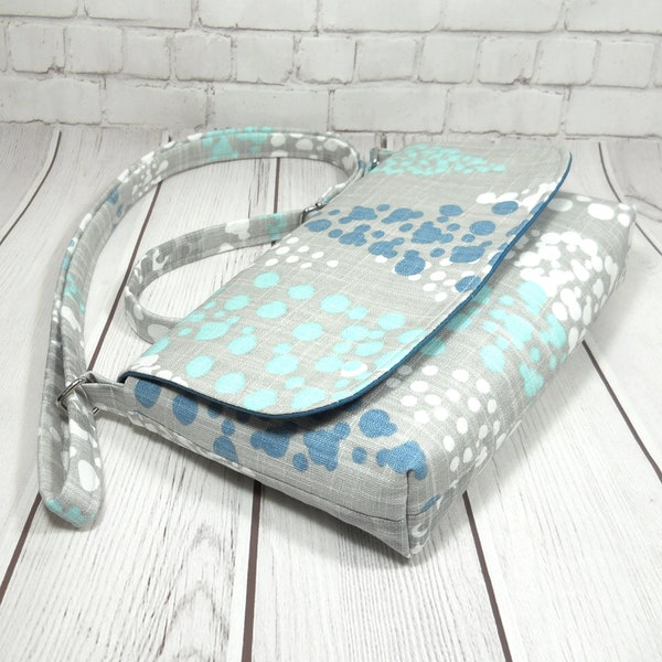 Small Gray Teal Crossbody, Gray Dot Purse, Mini Messenger Bag, Small Canvas Purse, Woman's Cross Body Bag, Handmade Gray Pocketbook