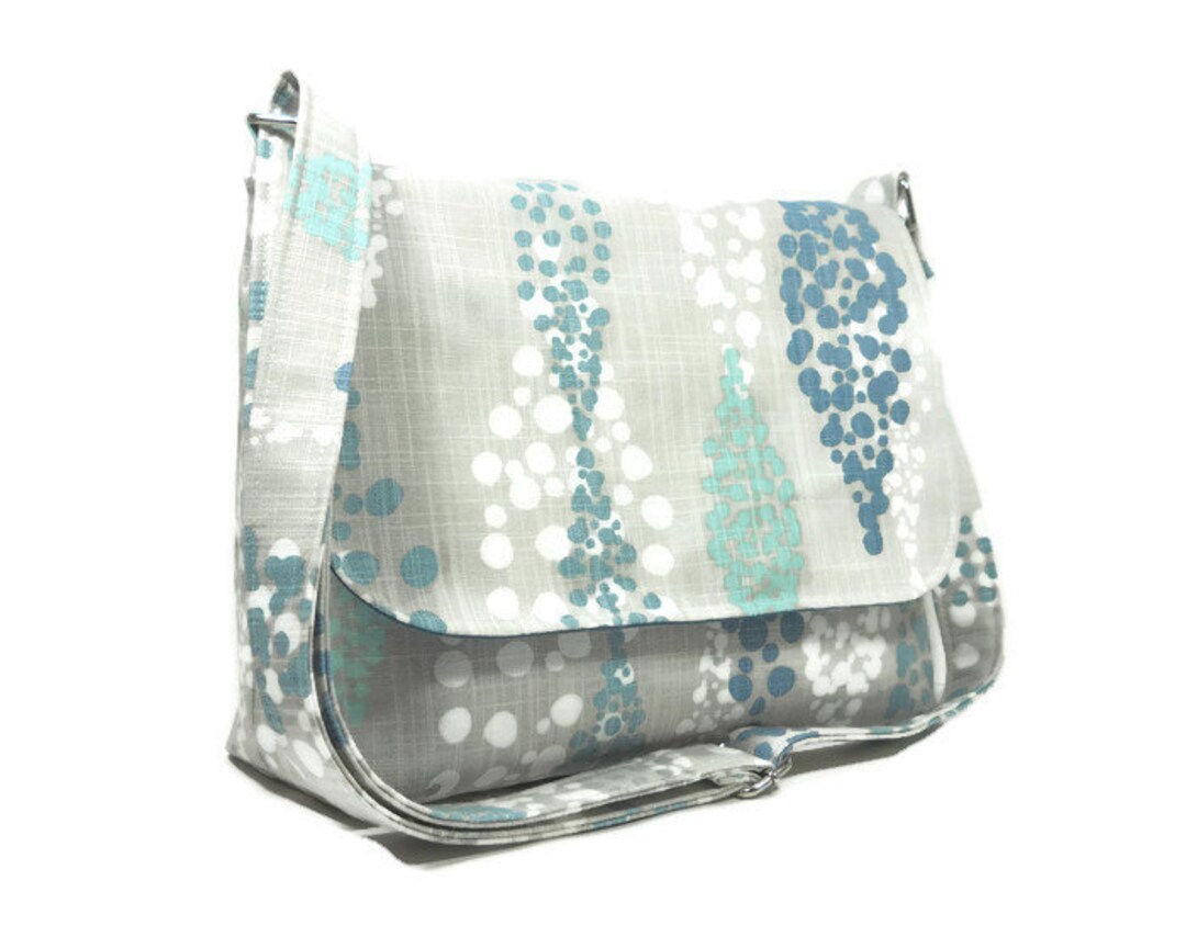 Medium Gray Teal Messenger Style Purse for Women, Fabric Purse, Gray Canvas Crossbody Bag, Cross