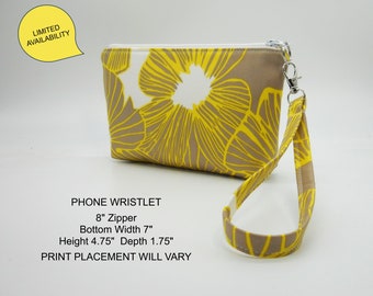 Small Yellow Taupe Floral Wristlet, Fabric Wristlet Clutch, Phone Purse, Card Pockets, Flat Bottom Pouch, Cotton Pouch, Zipper Bag