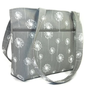 Double Strap Shoulder Tote Purse, Gray Dandelion Bag, Gray White Pocketbook, Fabric Handbag, Shoulder Bag, Medium Gray Purse, Key Clip image 1