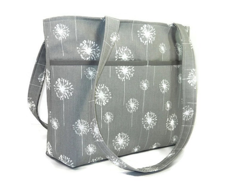 Double Strap Shoulder Tote Purse, Gray Dandelion Bag, Gray White Pocketbook, Fabric Handbag, Shoulder Bag, Medium Gray Purse, Key Clip image 1