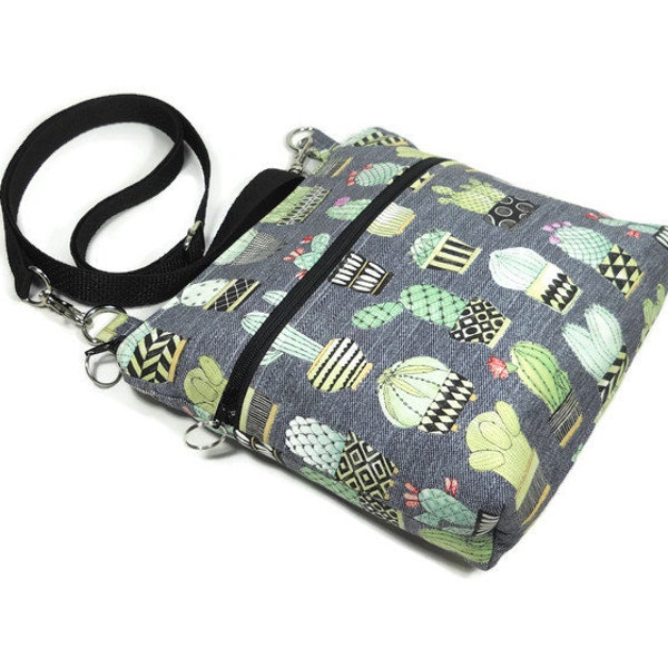 Cactus Zipper Purse, Small Zipper Hip Bag, Small Crossbody Bag, Gray Sling Bag, Cross Body Travel Bag, Handmade Purse, Shoulder Bag