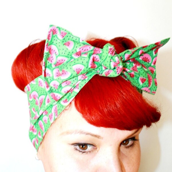 Vintage Inspired Head Scarf, Bow Or Bandanna Style, Watermelon, Summer time, Rockabilly, 1940s