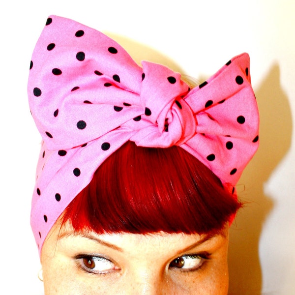 Vintage Inspired Head Scarf, Bow or Bandanna Style, Hot Pink with Black Polka Dots, Rockabilly, Retro