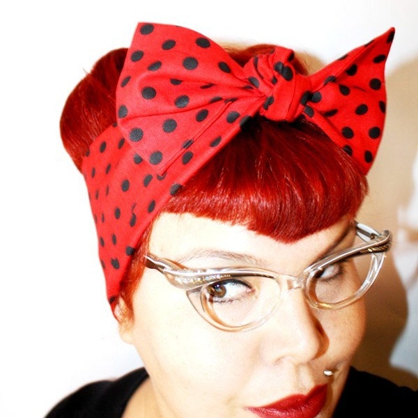 Vintage Inspired Head Scarf, Bow or Bandanna Style,bRed with Black Polka Dots, Rockabilly, Retro