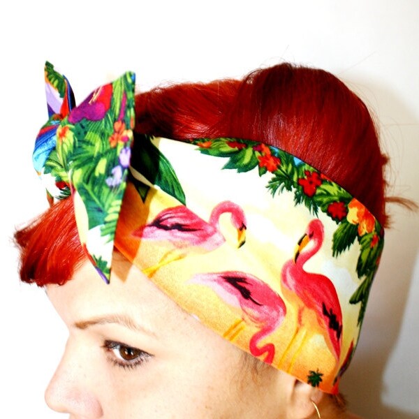 Bow style, Vintage Inspired Head Scarf, Pink Flamingos, Retro, Trailer Park, Rockabilly, Hawaiian, 1950s