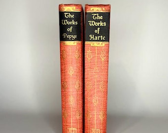 Pair of Red Hardcover Books “The Works of Pepys, The Works of Harte” 1930s Antique Black’s Reader Service Books, Vintage Decor Book Set