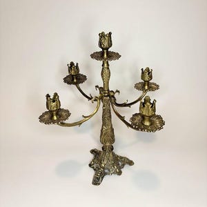 Victorian Gold Brass Candelabra Five Arm Candle Holder Ornate Gothic Wedding Decor, Centerpiece with Aged Patina Antique Candlestick Holder