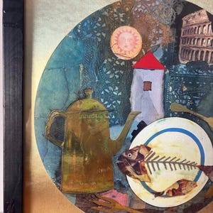 Close-up of the left section of the collage showing a textured gold teapot with ornate detail, set against a blue-green background with lace-like patterns. The red-roofed tower and stylized sun with a human face are partially visible, along with layered textiles and golden utensils.