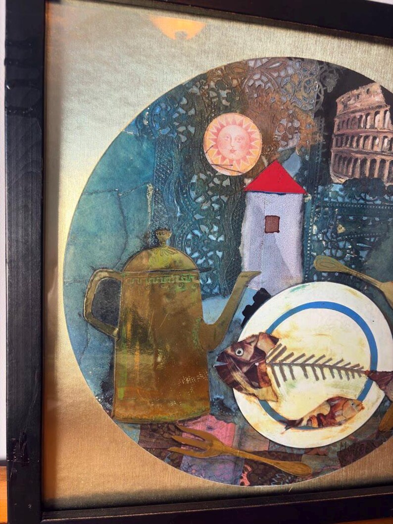 Close-up of the left section of the collage showing a textured gold teapot with ornate detail, set against a blue-green background with lace-like patterns. The red-roofed tower and stylized sun with a human face are partially visible, along with layered textiles and golden utensils.