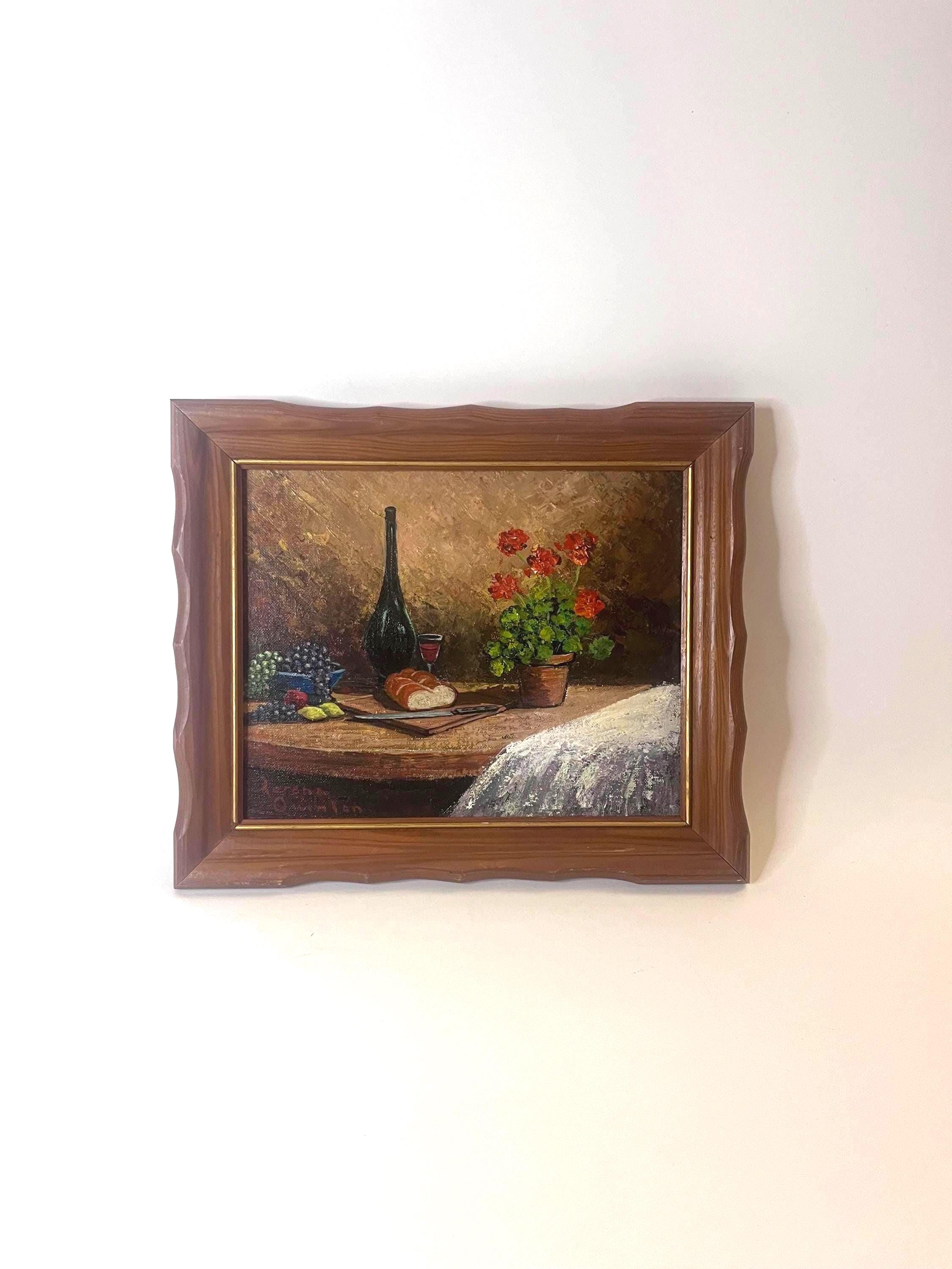 Vintage Oil Painting Still Life with Wine, Bread, Grapes, and Flowers Vintage Wooden Frame, 12"x10" Framed Art Original Oil Painting Decor