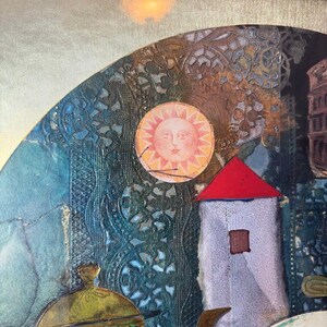 Close-up of the upper-left quadrant showing a red-roofed white tower with a textured surface, a lace-like deep blue backdrop, and a stylized sun with a face. Warm metallic and pastel tones blend together, enhancing the surreal and symbolic elements of the piece.