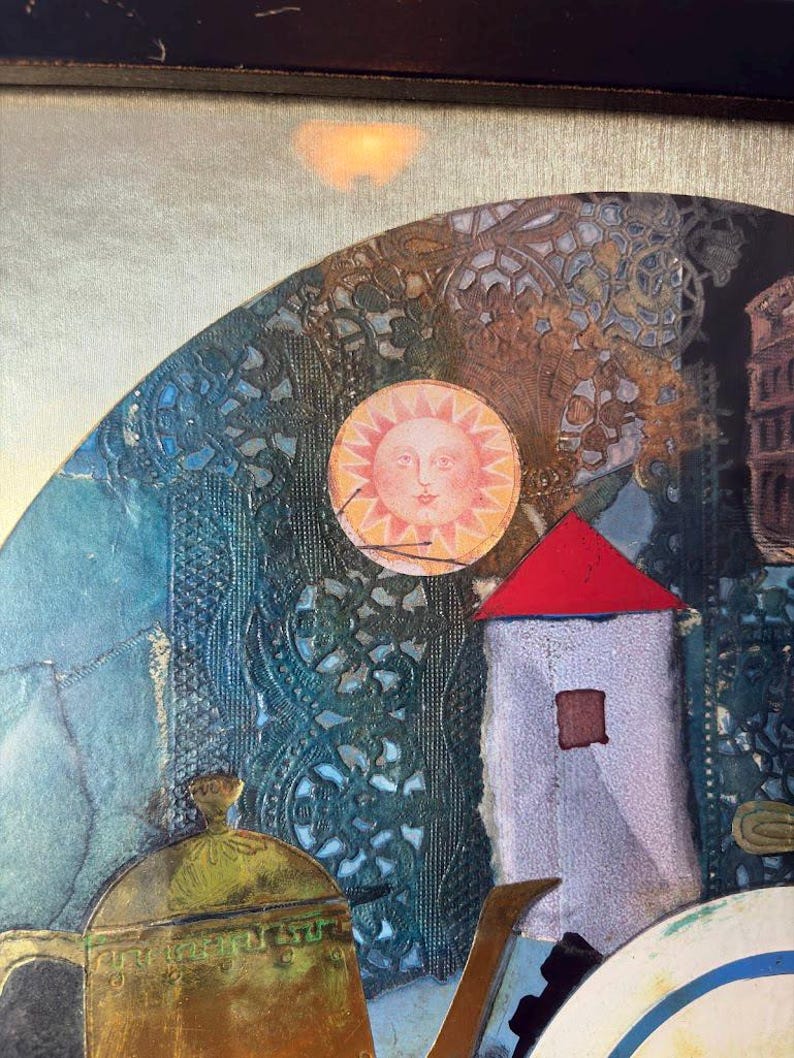 Close-up of the upper-left quadrant showing a red-roofed white tower with a textured surface, a lace-like deep blue backdrop, and a stylized sun with a face. Warm metallic and pastel tones blend together, enhancing the surreal and symbolic elements of the piece.