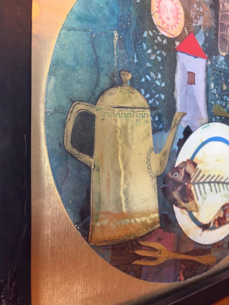 Macro view of the ornate golden teapot in the collage, highlighting its intricate etched detailing and golden tones. The background features dark teal and textured blue patterns, evoking lace or embroidery. Edges of the circular artwork are also visible against a metallic gold background.