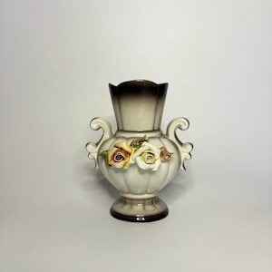 6&quot; Vintage Italian Porcelain Vase Nuova Capodimonte White and Grey Ombre Design with Porcelain Flowers, Antique Vase with Scroll Handles