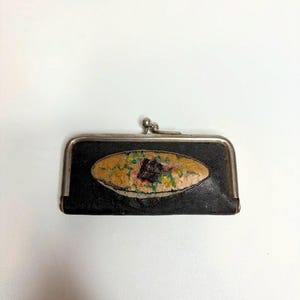 Vintage 1950s Leather Manicure Set with Kiss Clasp Closure, Made in Germany, Antique Worn Floral Needlepoint Design, Travel Grooming Kit
