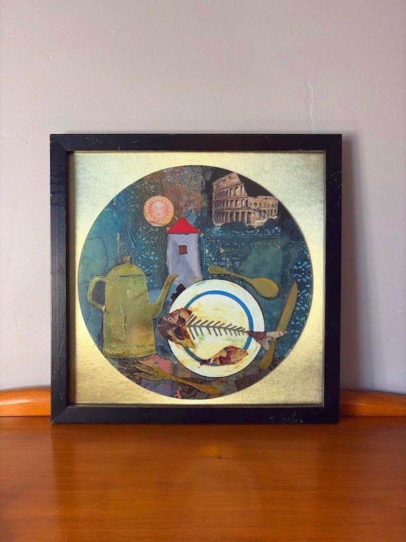 90s Mixed Media Collage Surrealism Art Gold Leaf Teapot Fish Bone Plate Colosseum Eclectic Wall Decor Framed Original Signed by Artist