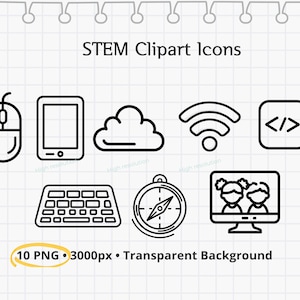 Puede incluir: Iconos de imágenes prediseñadas STEM en blanco y negro sobre un fondo de papel rayado. Los iconos incluyen un ratón, una tableta, una nube, un símbolo de Wi-Fi, un símbolo de código, un teclado, una brújula y una pantalla de ordenador con dos figuras. El texto "STEM Clipart Icons" está en la parte superior.