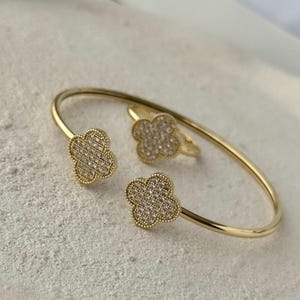 Gold Plated Clover Jewelry Set, High Quality Flower Bangle and Ring, Daily Wear Jewelry, Gift for Women and Girls