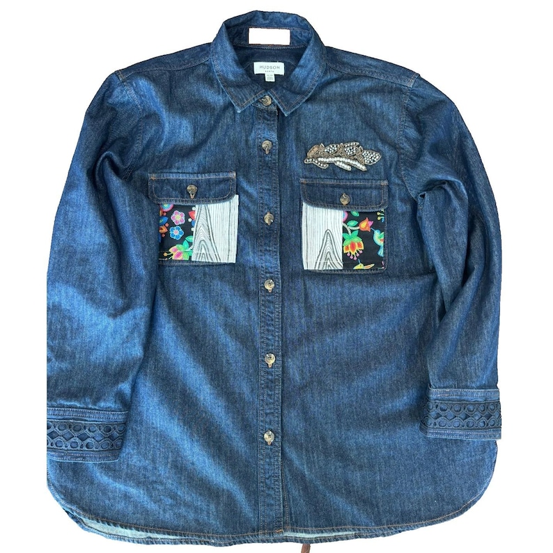 NWOT Hudson North embellished jean jacket womens XL embroidered crystals patches image 1
