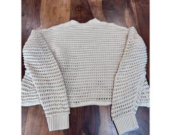 ZARA open knit pointelle sweater women L-XL cream cropped cotton long sleeve