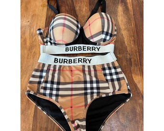 rare Burberry Logo Tape Bikini Top & Bottom Nova Check pattern 2 piece S - C cup