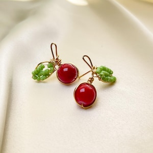 Gold Wire Cherry Stud Earrings: Red Crystal Beaded, Handmade