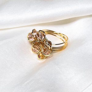 Gold Wire Ring: Pink Crystal Flower, Lightweight Statement Jewelry
