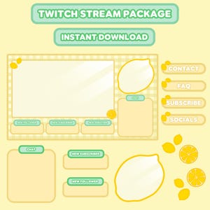 May include: A yellow and green Twitch stream package with lemon graphics. The package includes a chat box, new follower, new subscriber, and new donation alerts. It also includes a contact, FAQ, subscribe, and socials button.